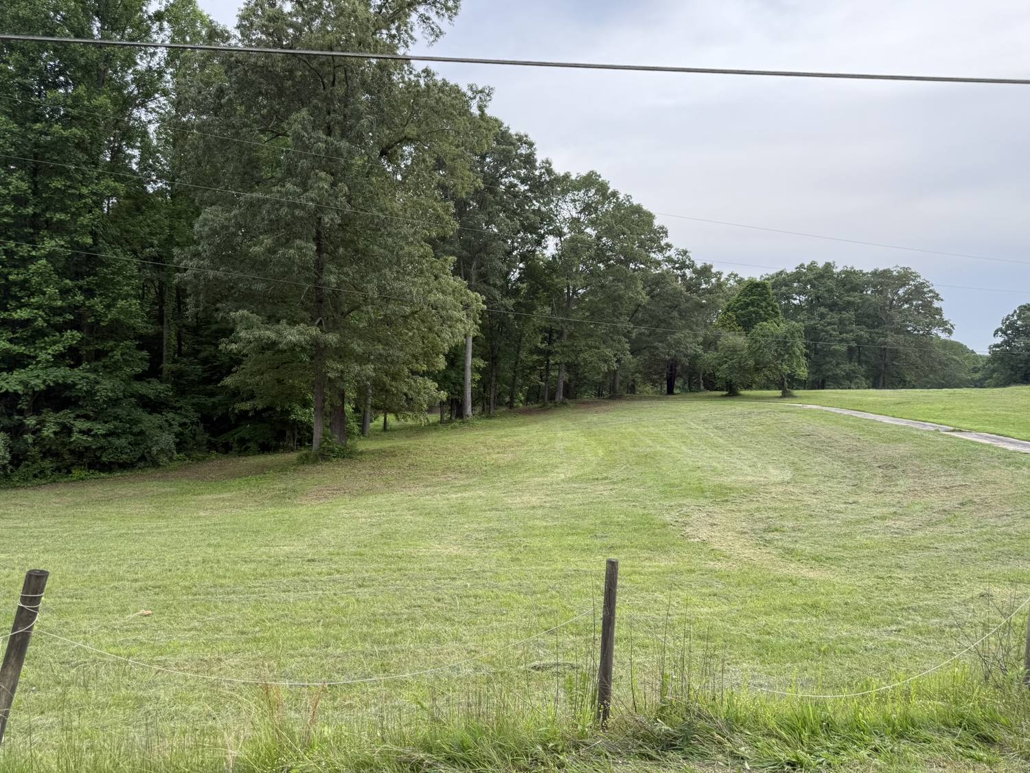 Freshly mowed front field with a wooden fence post and a tree line.